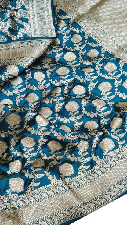 Exquisite Blue Banarasi Handloom Pure Katan Silk Jaal Work Saree - Luxurion World