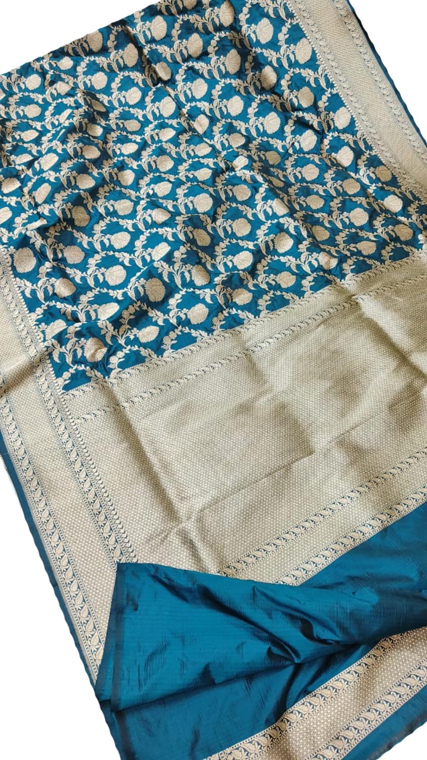 Exquisite Blue Banarasi Handloom Pure Katan Silk Jaal Work Saree - Luxurion World