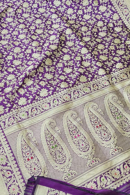 Exquisite Purple Banarasi Handloom Pure Katan Silk Meenakari Saree - Luxurion World