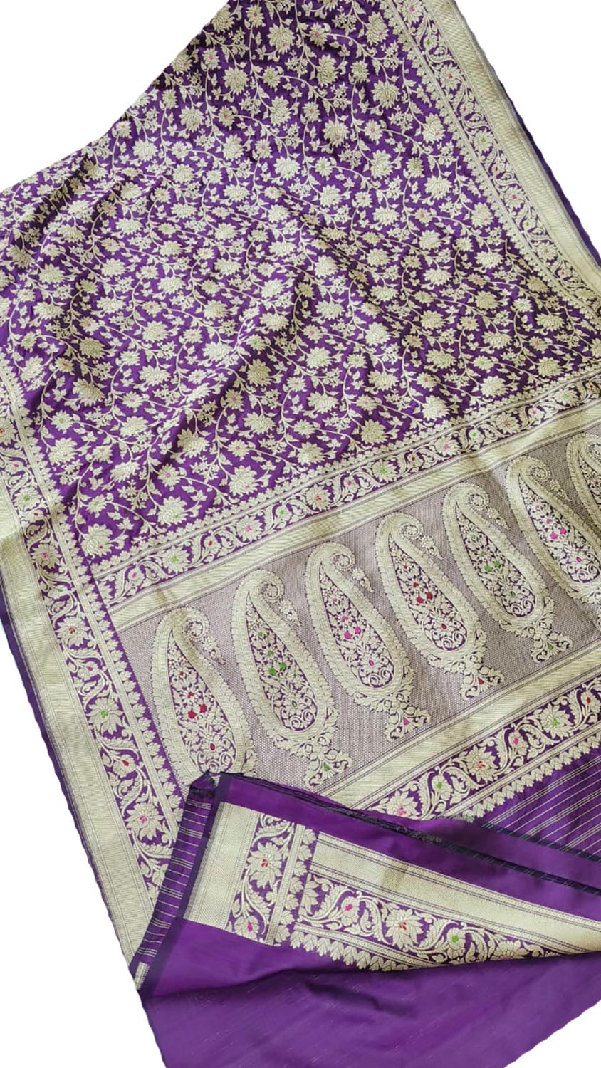 Exquisite Purple Banarasi Handloom Pure Katan Silk Meenakari Saree - Luxurion World