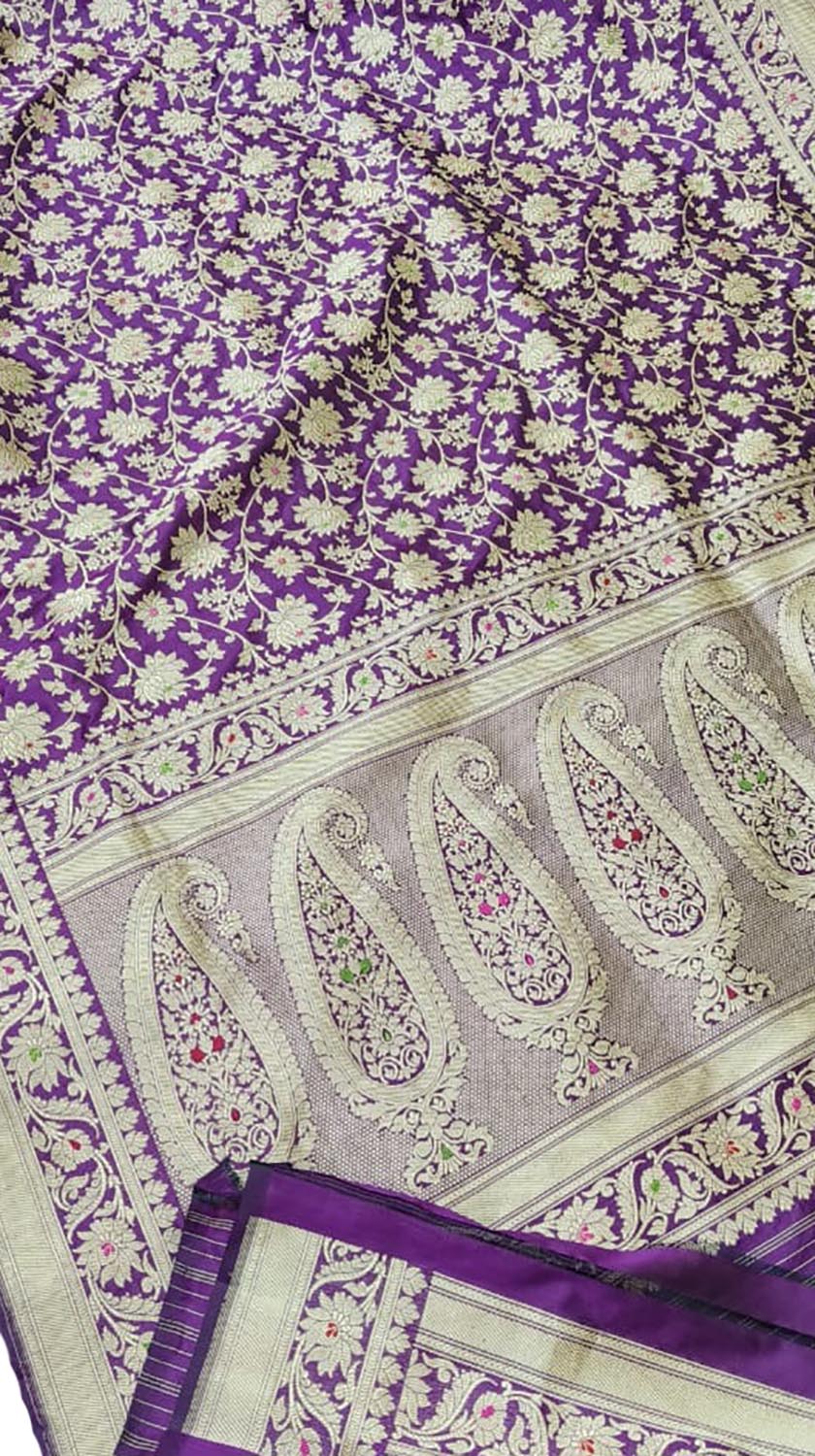 Exquisite Purple Banarasi Handloom Pure Katan Silk Meenakari Saree - Luxurion World