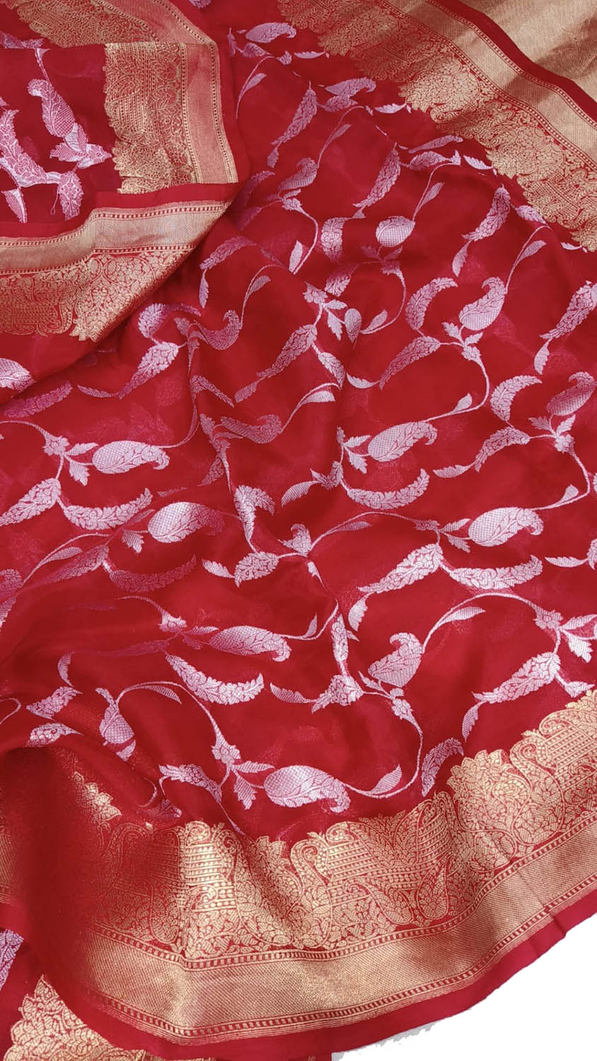 Red Banarasi Handloom Pure Kora Silk Saree - Luxurion World