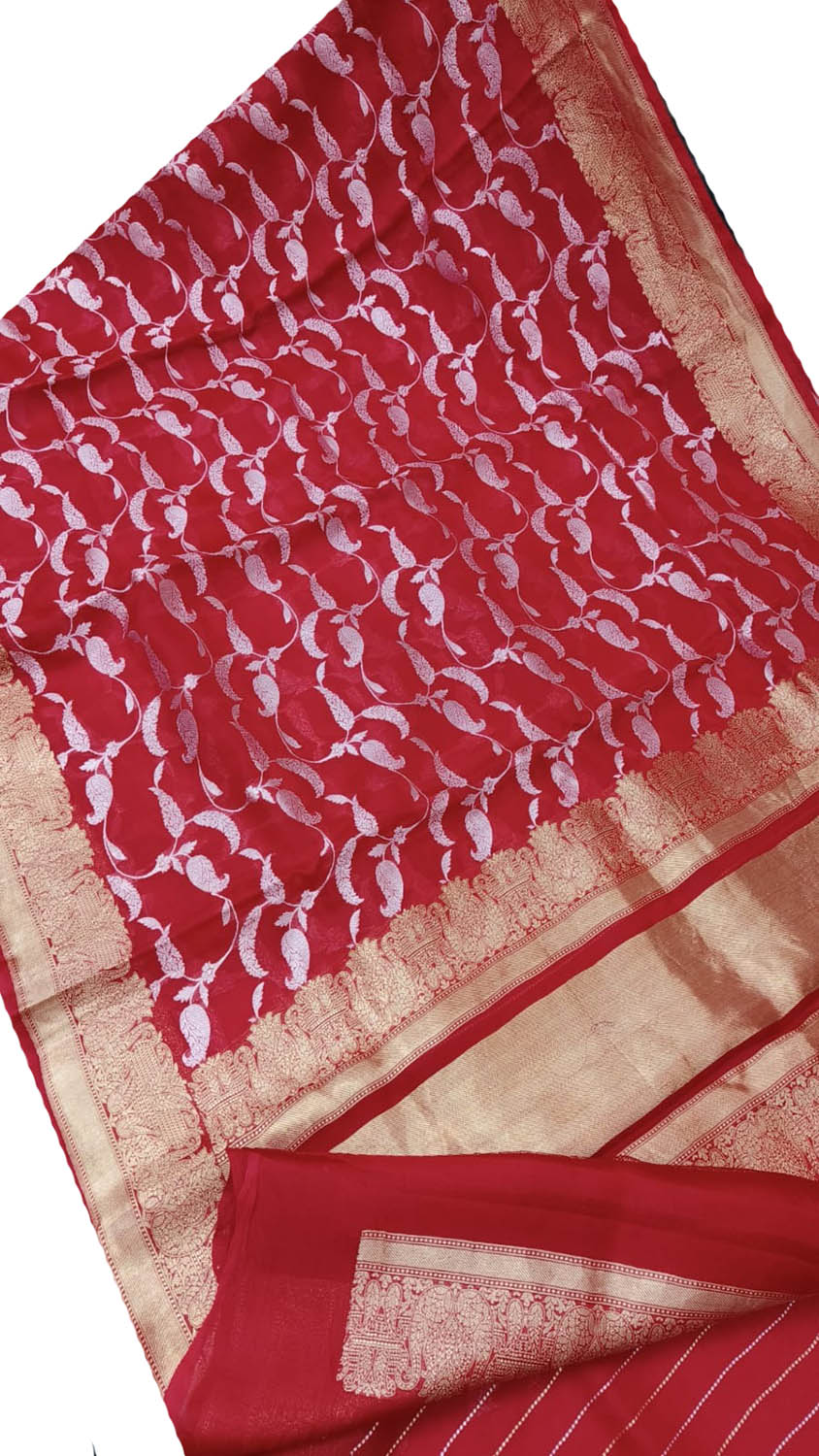 Red Banarasi Handloom Pure Kora Silk Saree - Luxurion World