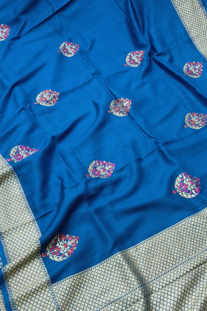 Exquisite Blue Banarasi Handloom Pure Moonga Silk Meenakari Saree - Luxurion World