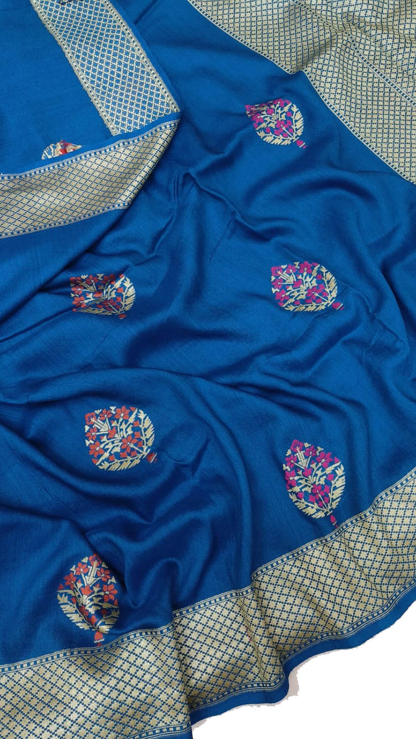 Exquisite Blue Banarasi Handloom Pure Moonga Silk Meenakari Saree - Luxurion World