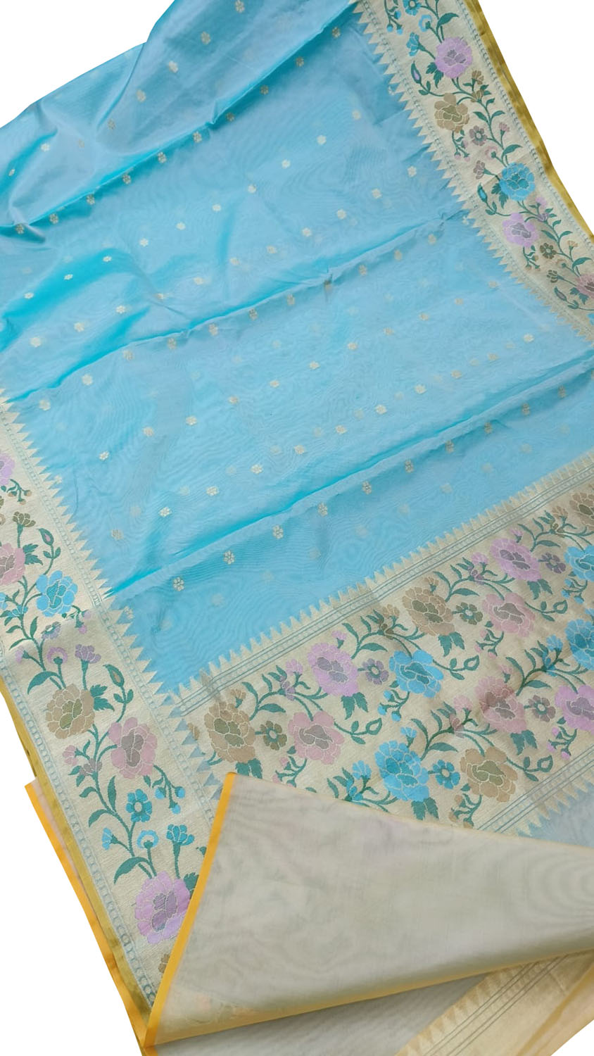 Blue Banarasi Handloom Pure Kora Silk Saree - Luxurion World