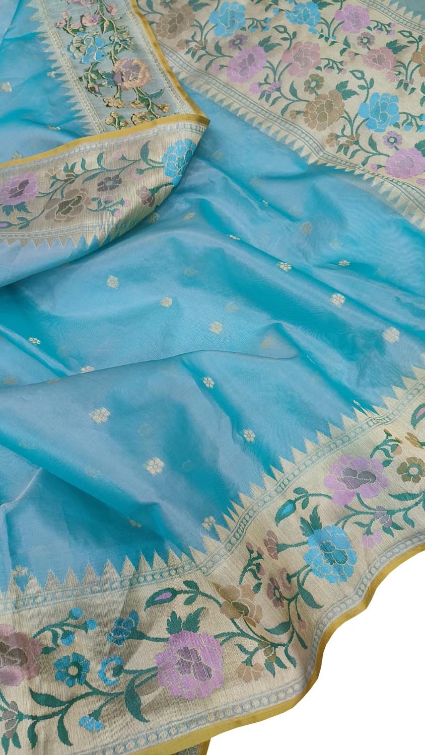 Blue Banarasi Handloom Pure Kora Silk Saree - Luxurion World