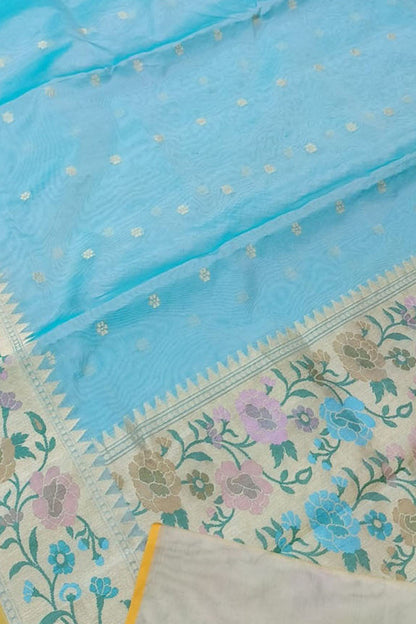 Blue Banarasi Handloom Pure Kora Silk Saree - Luxurion World
