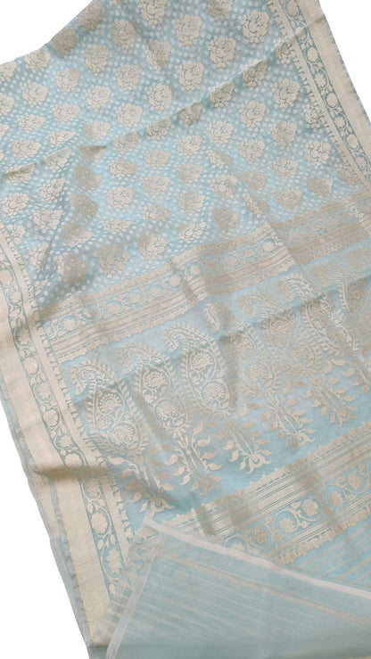 Blue Banarasi Handloom Pure Kora Silk Saree - Luxurion World