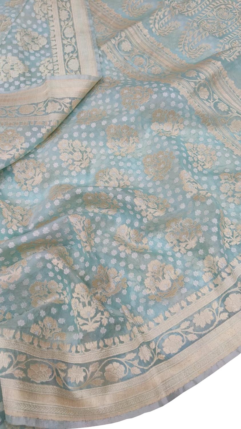 Blue Banarasi Handloom Pure Kora Silk Saree - Luxurion World