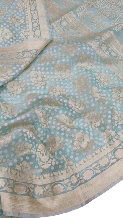 Blue Banarasi Handloom Pure Kora Silk Saree - Luxurion World