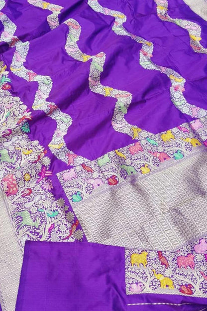 Exquisite Purple Banarasi Silk Saree - Handloom Katan - Luxurion World