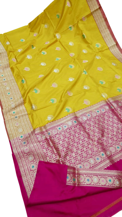 Yellow Banarasi Handloom Silk Saree - Pure Katan Elegance - Luxurion World
