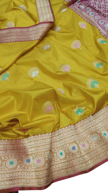 Yellow Banarasi Handloom Silk Saree - Pure Katan Elegance - Luxurion World