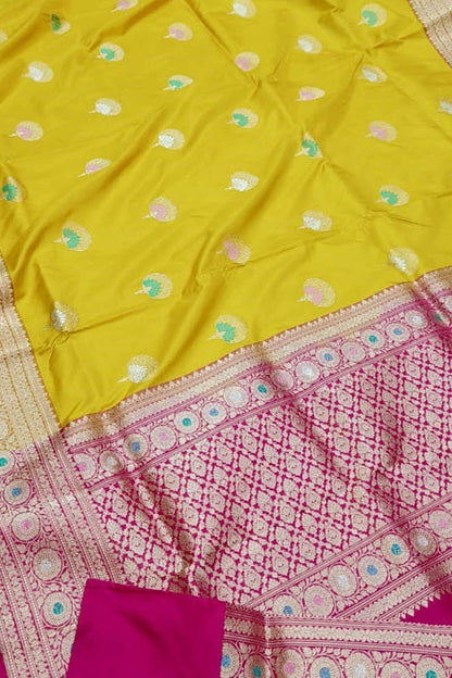 Yellow Banarasi Handloom Silk Saree - Pure Katan Elegance - Luxurion World