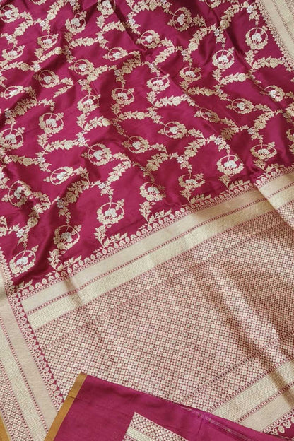 Elegant Maroon Banarasi Handloom Pure Katan Silk Flower Design Sare - Luxurion World