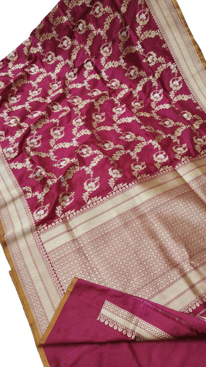 Elegant Maroon Banarasi Handloom Pure Katan Silk Flower Design Sare - Luxurion World