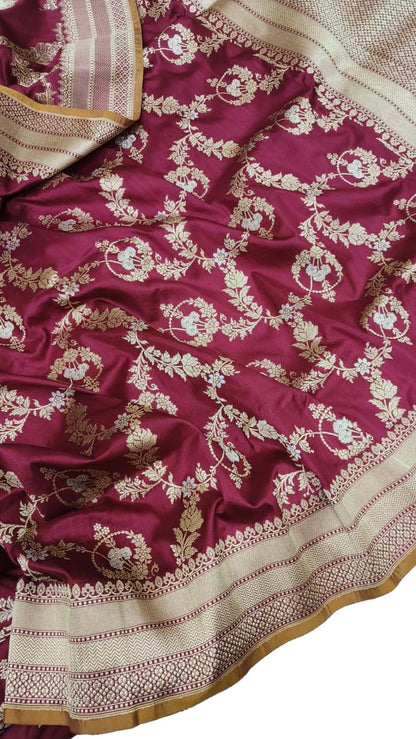Elegant Maroon Banarasi Handloom Pure Katan Silk Flower Design Sare - Luxurion World