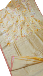 Yellow Banarasi Handloom Pure Katan Silk Flower Design Saree - Luxurion World