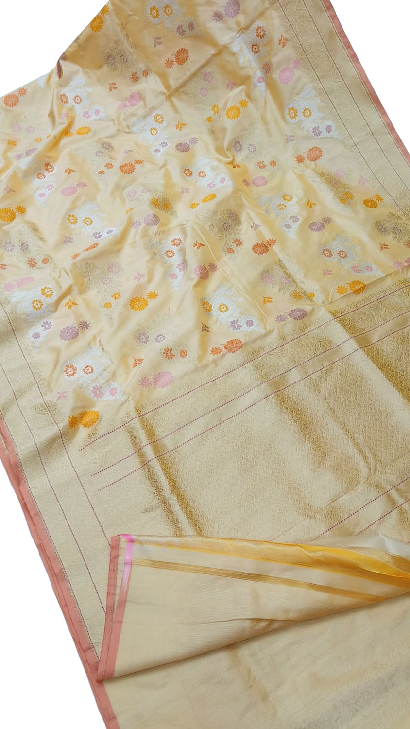 Yellow Banarasi Handloom Pure Katan Silk Flower Design Saree - Luxurion World