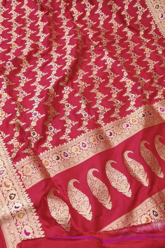 Exquisite Red Banarasi Handloom Pure Katan Silk Flower Design Meenakari Saree - Luxurion World