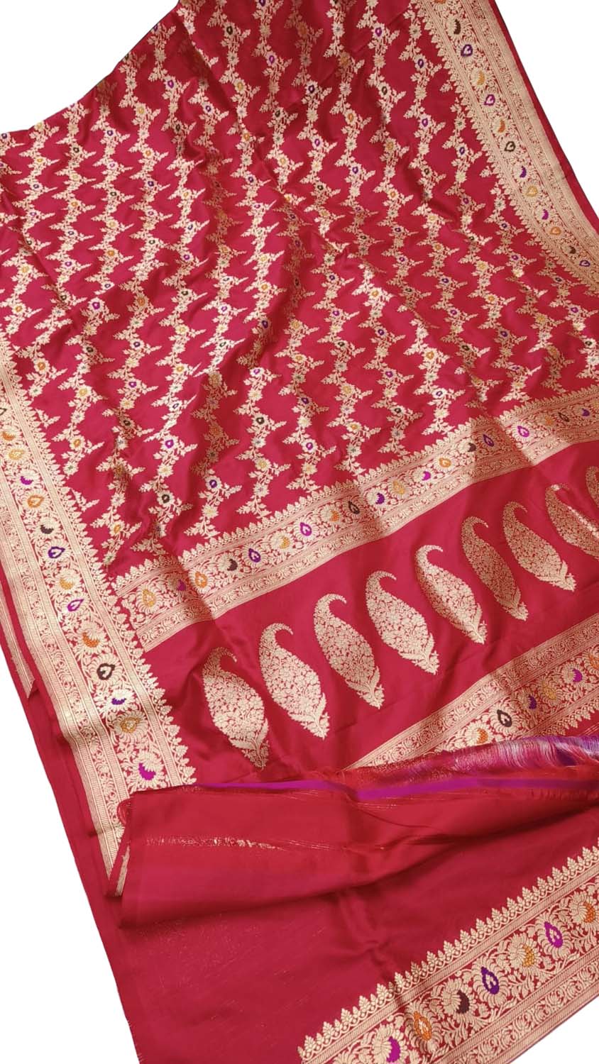 Exquisite Red Banarasi Handloom Pure Katan Silk Flower Design Meenakari Saree - Luxurion World