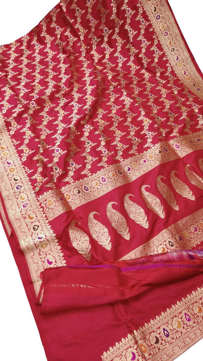 Exquisite Red Banarasi Handloom Pure Katan Silk Flower Design Meenakari Saree - Luxurion World