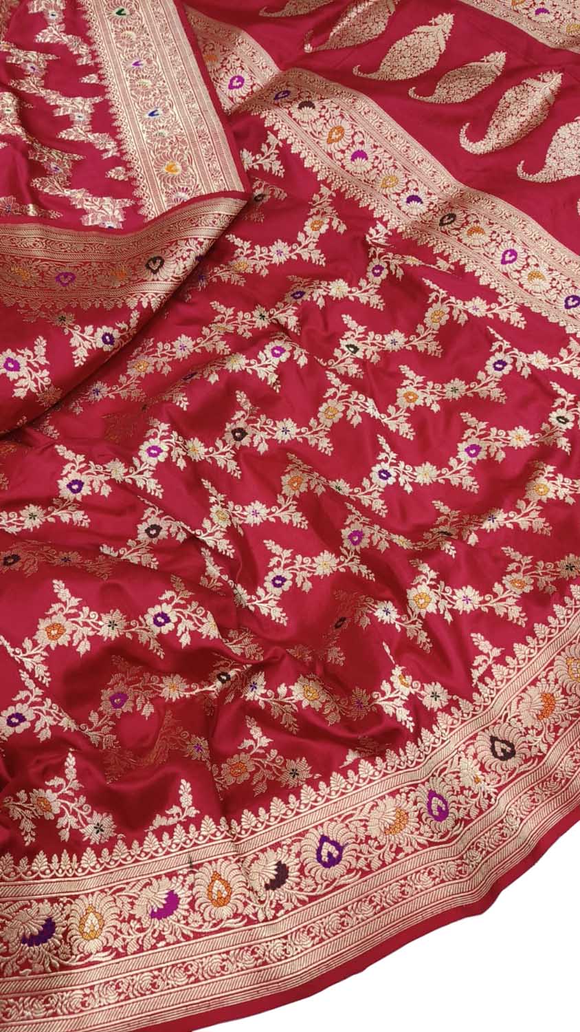 Exquisite Red Banarasi Handloom Pure Katan Silk Flower Design Meenakari Saree - Luxurion World