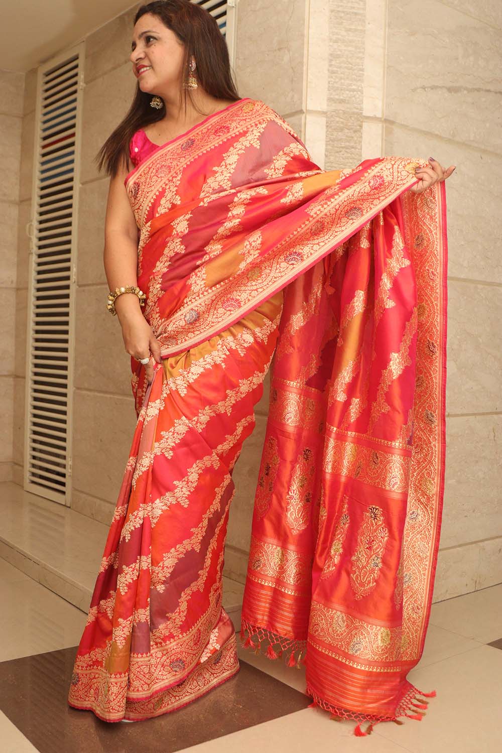 Multicolor Banarasi Handloom Pure Katan Silk Rangkat Saree - Luxurion World
