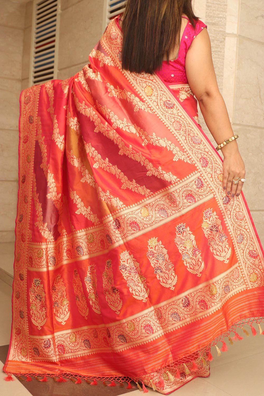 Multicolor Banarasi Handloom Pure Katan Silk Rangkat Saree - Luxurion World