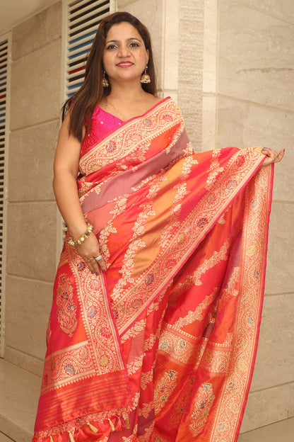 Multicolor Banarasi Handloom Pure Katan Silk Rangkat Saree - Luxurion World