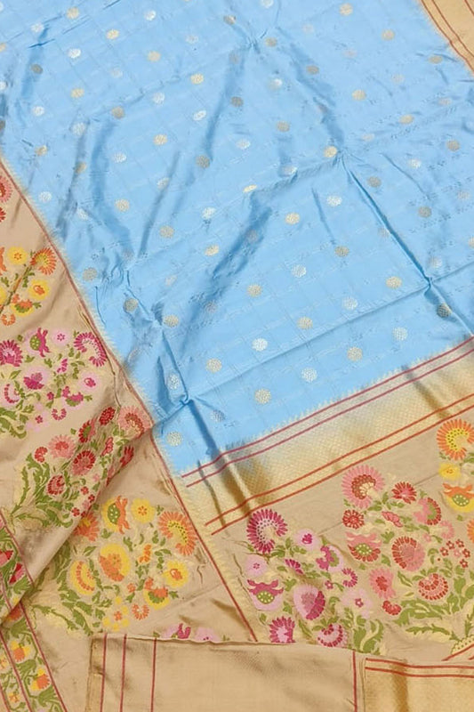 Exquisite Blue Banarasi Paithani Handloom Pure Katan Silk Meenakari Saree - Luxurion World