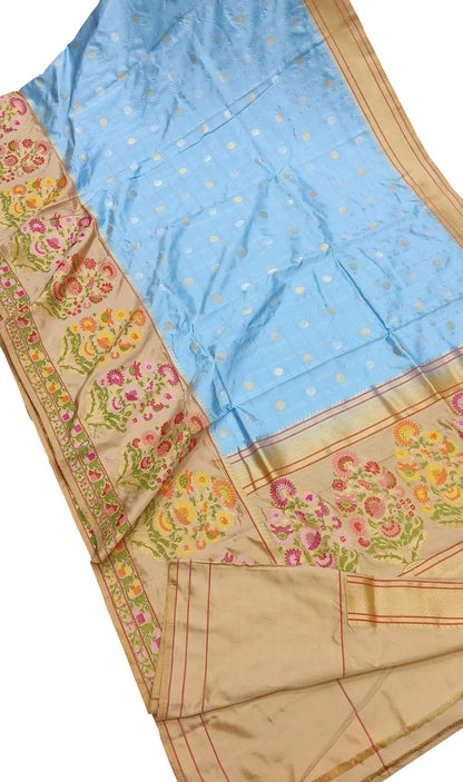 Exquisite Blue Banarasi Paithani Handloom Pure Katan Silk Meenakari Saree - Luxurion World