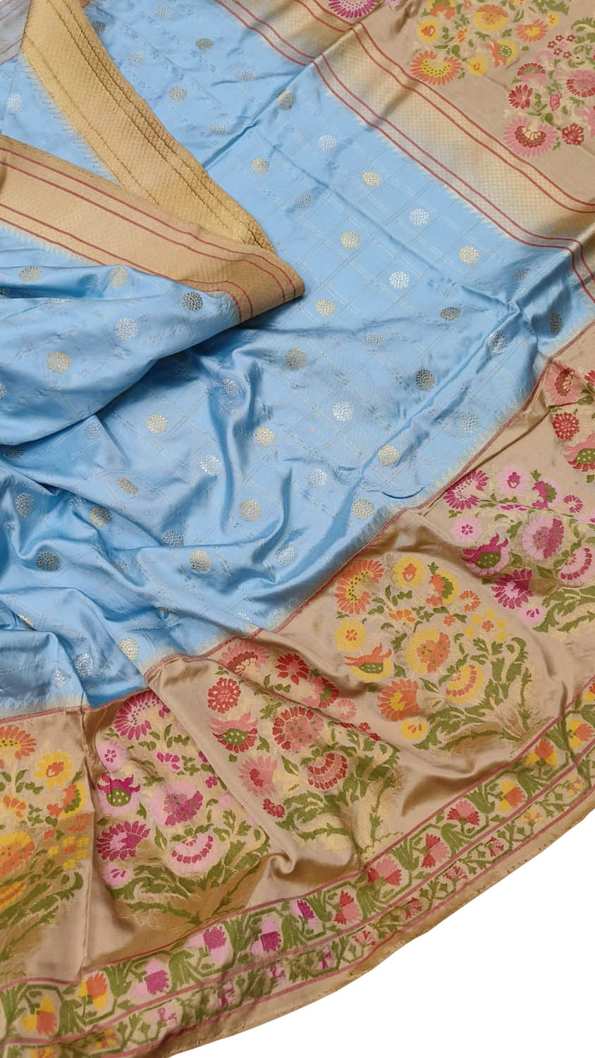 Exquisite Blue Banarasi Paithani Handloom Pure Katan Silk Meenakari Saree - Luxurion World