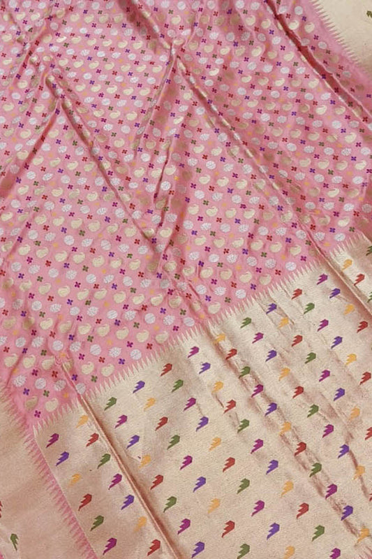 Exquisite Pink Banarasi Handloom Pure Katan Silk Sona Roopa Saree - Luxurion World