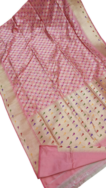 Exquisite Pink Banarasi Handloom Pure Katan Silk Sona Roopa Saree - Luxurion World