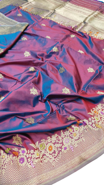 Elegant Purple Banarasi Handloom Pure Katan Silk Meenakari Saree - Luxurion World