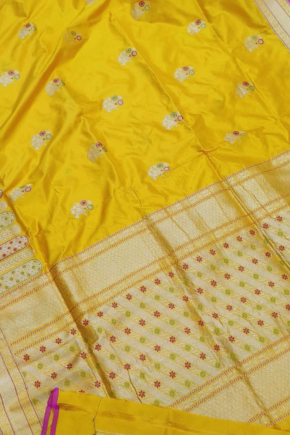 Yellow Banarasi Handloom Pure Katan Silk Meenakari Flower Design Saree - Luxurion World