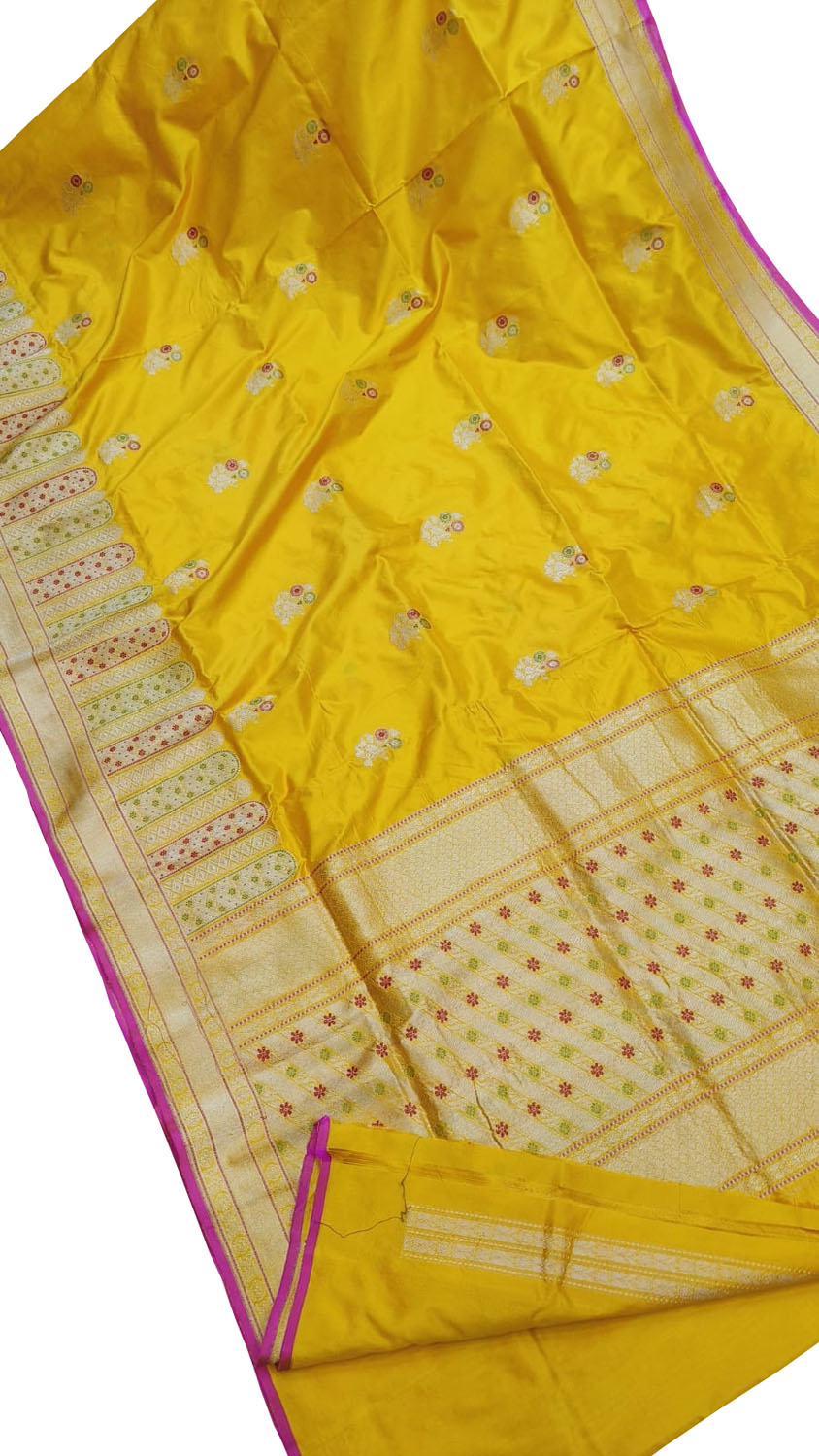 Yellow Banarasi Handloom Pure Katan Silk Meenakari Flower Design Saree - Luxurion World