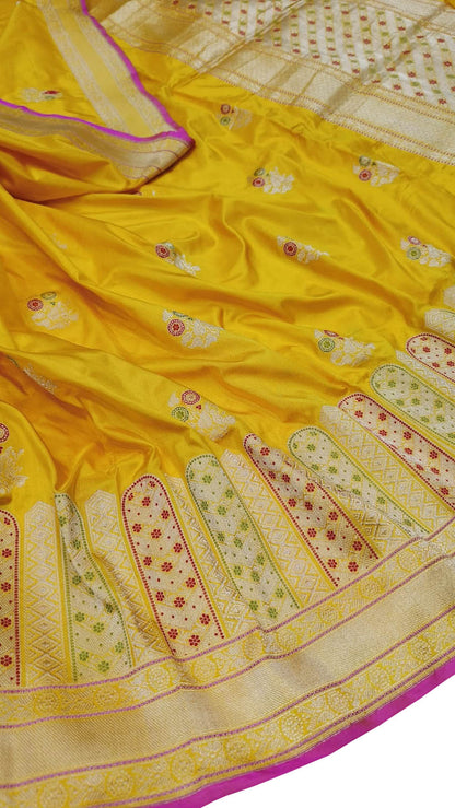 Yellow Banarasi Handloom Pure Katan Silk Meenakari Flower Design Saree - Luxurion World