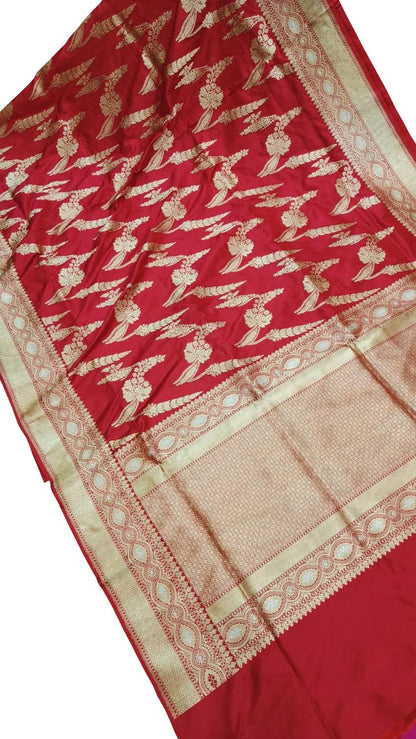 Exquisite Red Banarasi Handloom Pure Katan Silk Flower Design Saree - Luxurion World