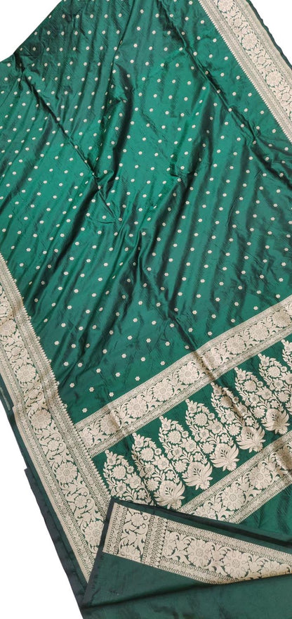 Green Pure Katan Silk Banarasi Handloom Booti Design Saree - Luxurion World