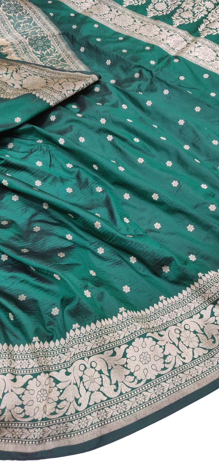 Green Pure Katan Silk Banarasi Handloom Booti Design Saree - Luxurion World