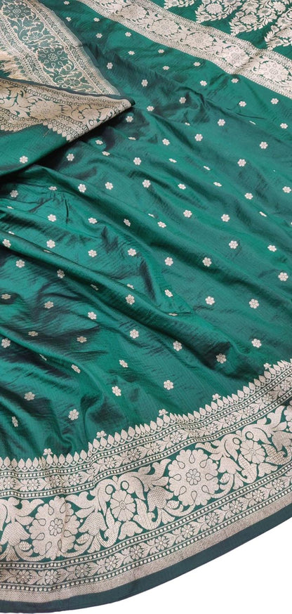 Green Pure Katan Silk Banarasi Handloom Booti Design Saree - Luxurion World