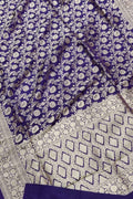 Elegant Blue Pure Katan Silk Banarasi Handloom Jaal Work Saree - Luxurion World