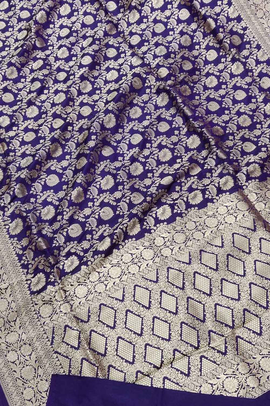 Elegant Blue Pure Katan Silk Banarasi Handloom Jaal Work Saree - Luxurion World