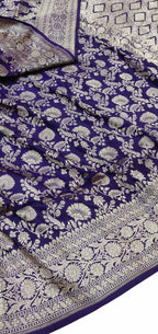 Elegant Blue Pure Katan Silk Banarasi Handloom Jaal Work Saree - Luxurion World