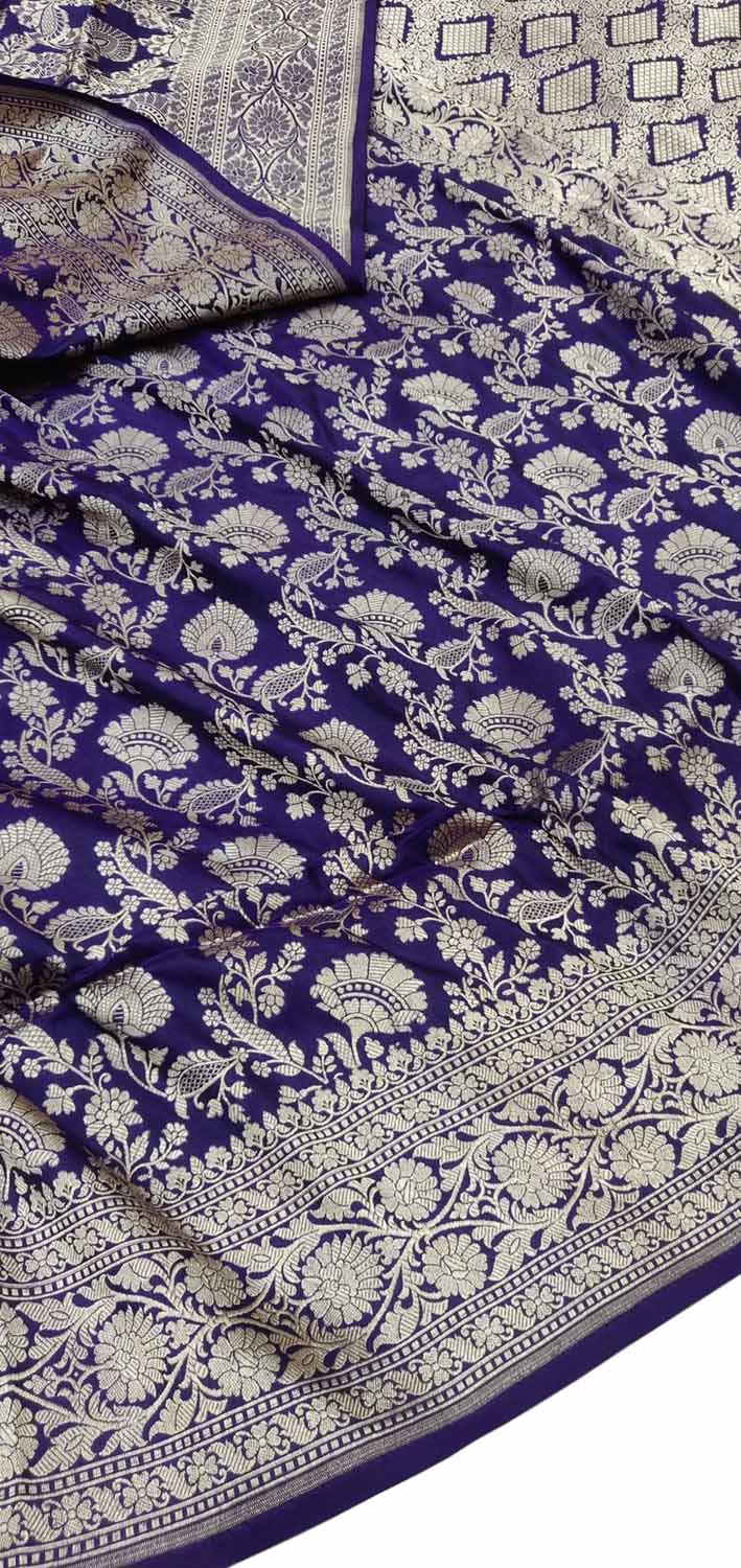 Elegant Blue Pure Katan Silk Banarasi Handloom Jaal Work Saree - Luxurion World