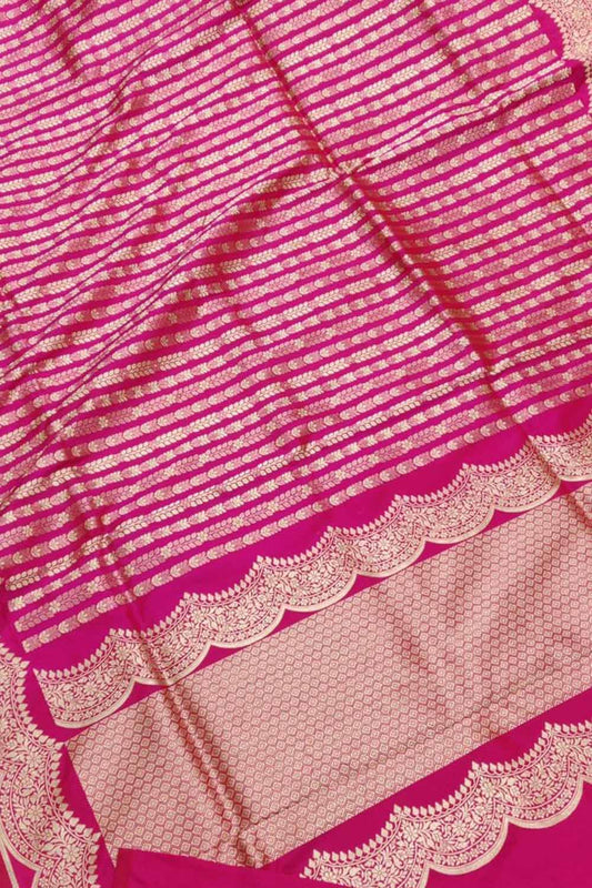 Elegant Pink Pure Katan Silk Banarasi Handloom Stripe Design Saree