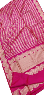 Elegant Pink Pure Katan Silk Banarasi Handloom Stripe Design Saree - Luxurion World